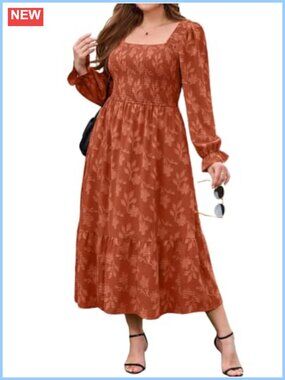 Plus Size Smocked Boho Floral Maxi Dress Long Puff Sleeve Wedding Guest